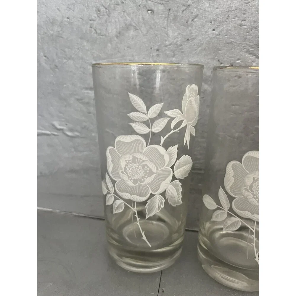 Vintage Wild Rose Floral Juice Glasses Gold Rim Tumblers Set of 5